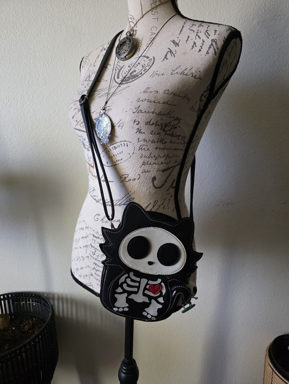 Sleepyville Critters Black Skeleton Cat Crossbody Bag